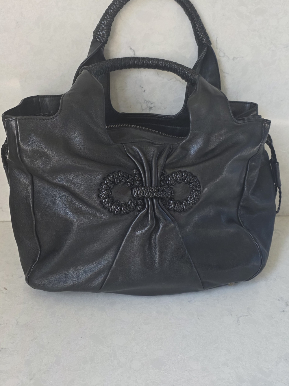 Salvatore Ferragamo Black Leather Braided-Handle Shoulder Bag